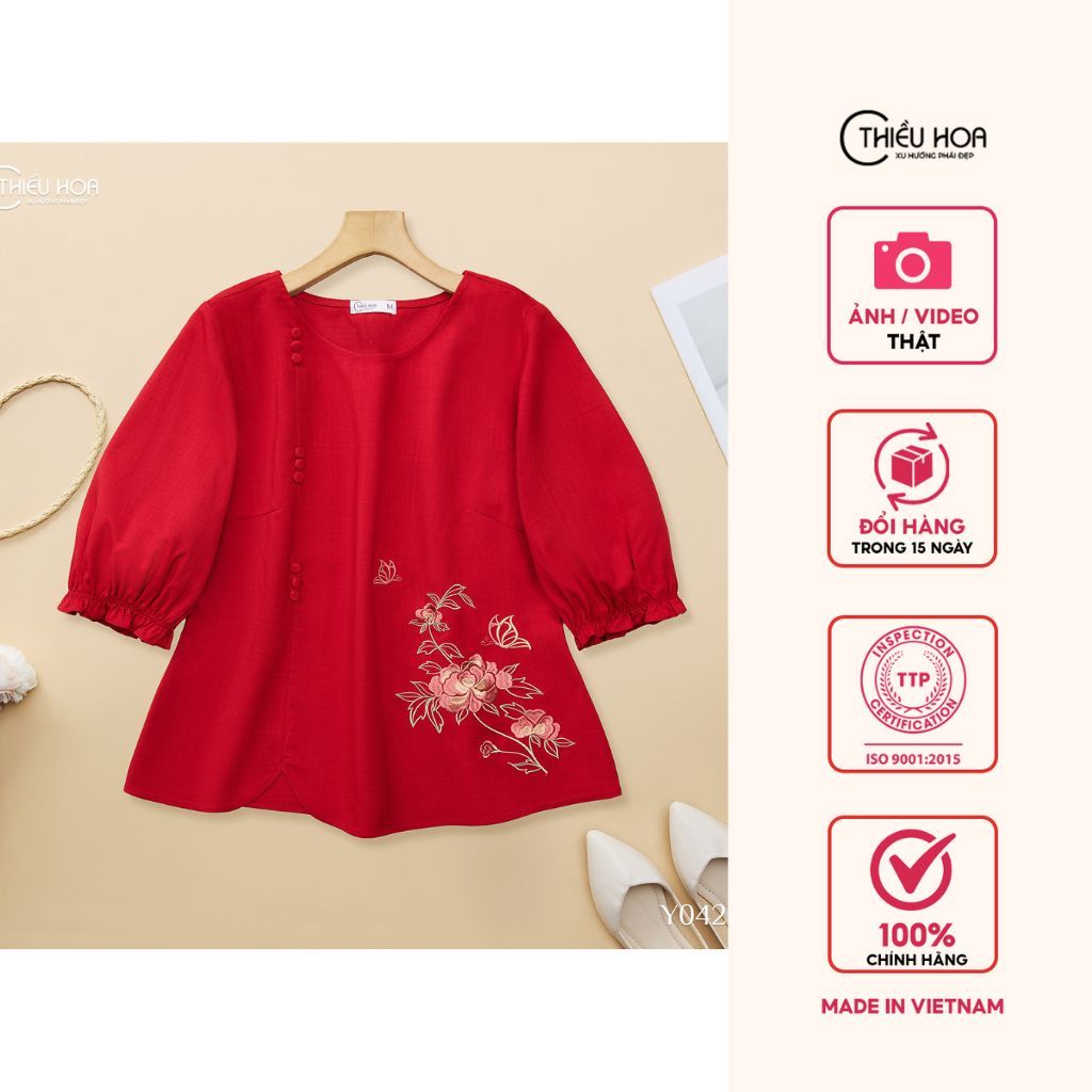 Áo kiểu trung niên chất liệu vải Linen bố sọc thiết kế thoáng mát thương hiệu Thiều Hoa AN5Y0420