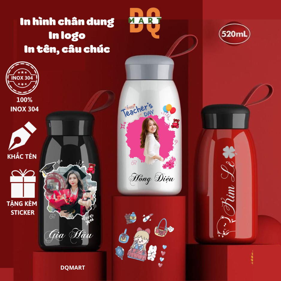 Bình nước HELLO Dqmart 500ml Khắc tên và in hình chân dung theo yêu cầu giữ nhiệt 6- 8 tiếng