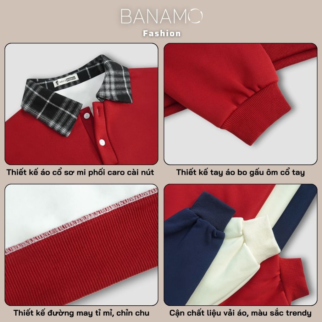 Áo Sweater nữ BIGSIZE Banamo áo nỉ trơn phối cổ bẻ sơ mi caro cài nút basic Hàn Quốc dễ thương 3900 | BigBuy360 - bigbuy360.vn