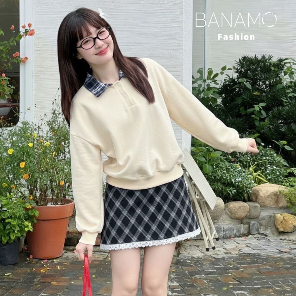 Áo Sweater nữ BIGSIZE Banamo áo nỉ trơn phối cổ bẻ sơ mi caro cài nút basic Hàn Quốc dễ thương 3900 | BigBuy360 - bigbuy360.vn