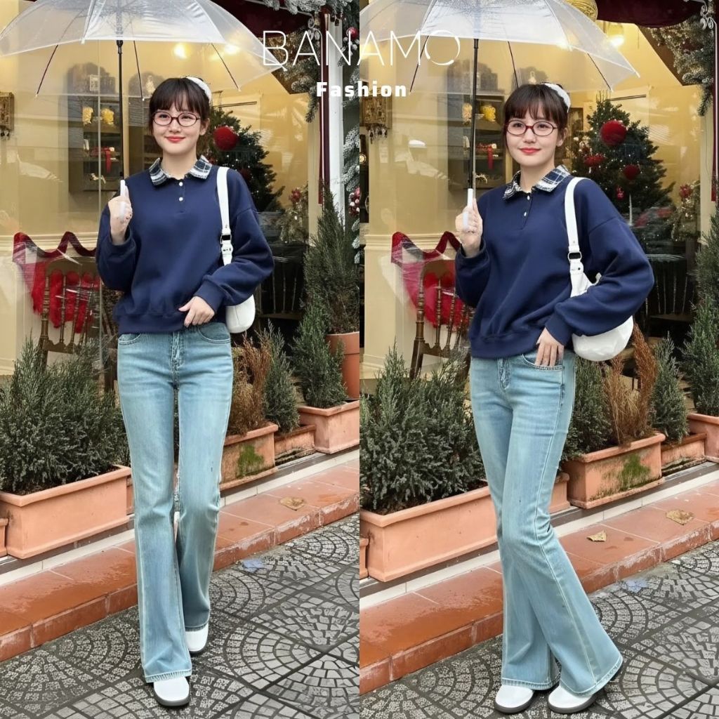 Áo Sweater nữ BIGSIZE Banamo áo nỉ trơn phối cổ bẻ sơ mi caro cài nút basic Hàn Quốc dễ thương 3900 | BigBuy360 - bigbuy360.vn