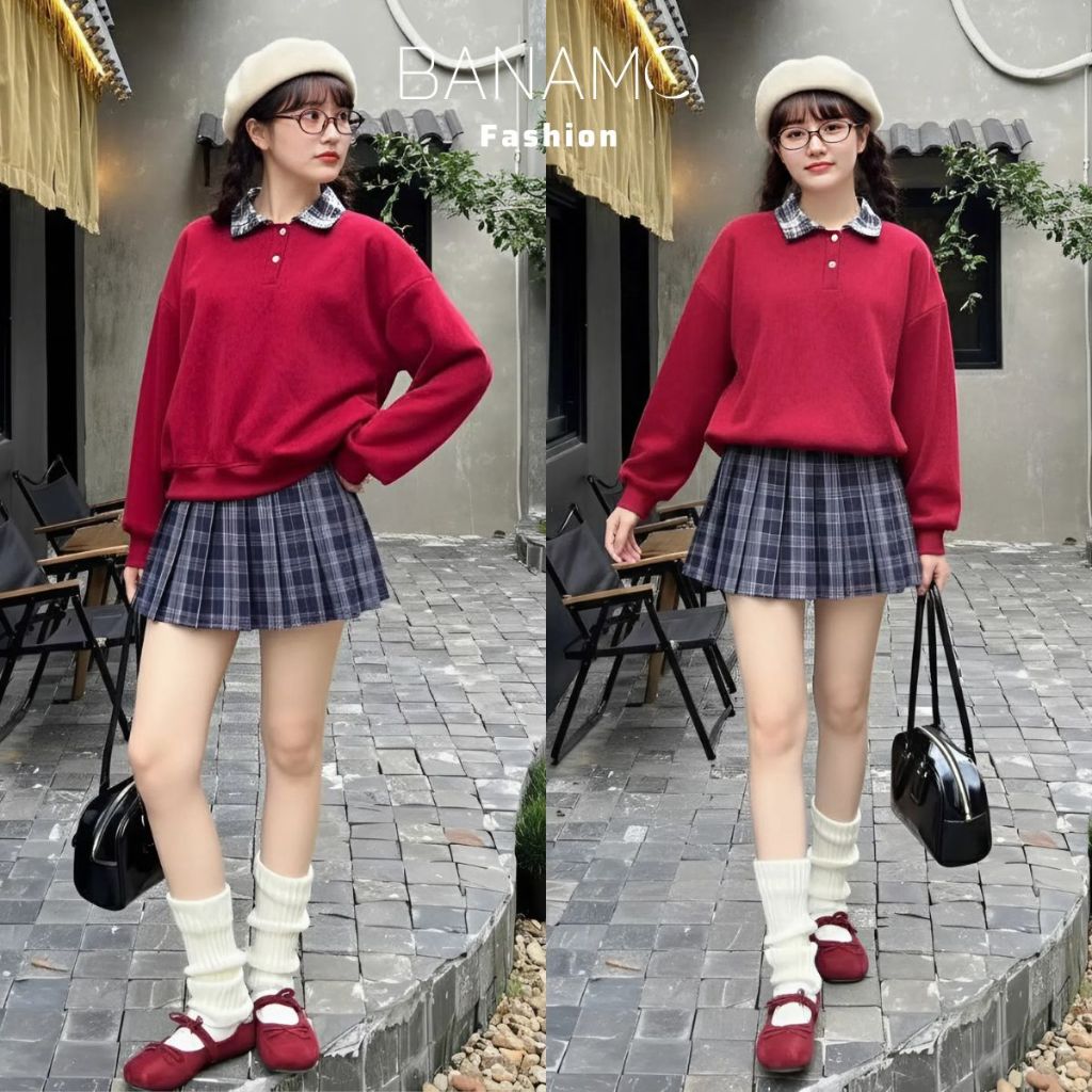 Áo Sweater nữ BIGSIZE Banamo áo nỉ trơn phối cổ bẻ sơ mi caro cài nút basic Hàn Quốc dễ thương 3900 | BigBuy360 - bigbuy360.vn