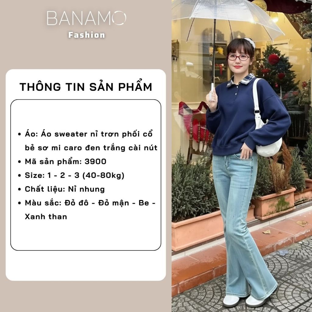 Áo Sweater nữ BIGSIZE Banamo áo nỉ trơn phối cổ bẻ sơ mi caro cài nút basic Hàn Quốc dễ thương 3900 | BigBuy360 - bigbuy360.vn