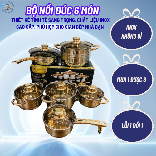 Bộ Nồi Đức 6 món Inox Không Gỉ Kèm Nắp Kính Cao Cấp Dùng Cho Mọi Loại Bếp, Bộ Nồi Đức 5 Đáy Chính Hã