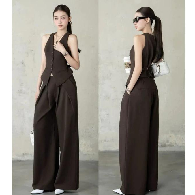 Set Đồ Nữ Áo Vest Gile Sát Nách Phối Quần Suông Dáng Dài Tone Nâu Thanh Lịch Sang Trọng