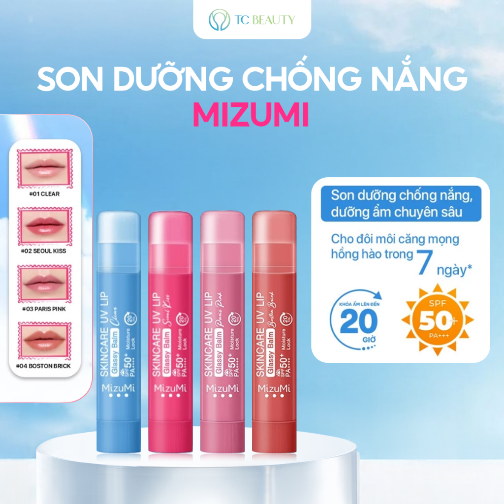 Son Dưỡng Chống Nắng MizuMi Skincare UV Lip Glassy Balm SPF50+ PA++++ 3.5g – Dưỡng Ẩm, Dưỡng Hồng Mô