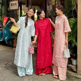   HAVANA  CÓ BIGSIZE - Áo dài gấm tafta TRÁC NGHIÊN cổ trụ truyền thống phối cúc tàu kèm quần Satin AD195 