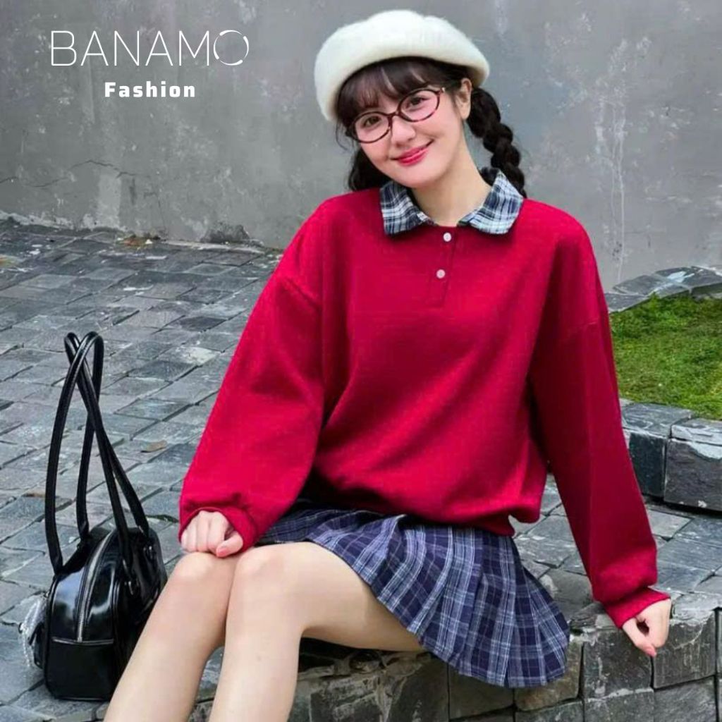 Áo Sweater nữ BIGSIZE Banamo áo nỉ trơn phối cổ bẻ sơ mi caro cài nút basic Hàn Quốc dễ thương 3900 | BigBuy360 - bigbuy360.vn