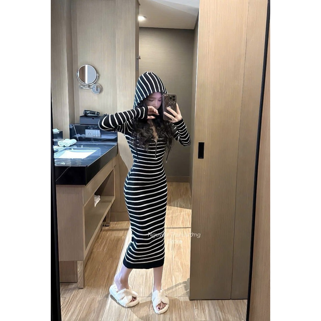 Váy Body Kẻ Sọc Len Gân Co Giãn Tay Dài Cổ Khóa Kéo Thanh Lịch