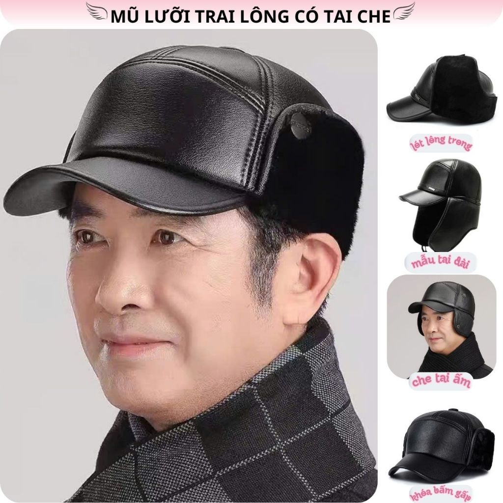 Mũ lông lưỡi trai da Pu có lót lông bên trong, mũ lông giữ ấm hai tai mùa đông phù hợp làm quà tặng ông hoặc bố