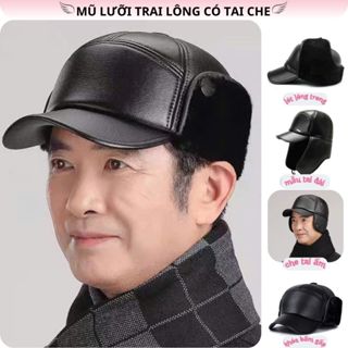 Mũ lông lưỡi trai da Pu có lót lông bên trong, mũ lông giữ ấm hai tai mùa đông phù hợp làm quà tặng ông hoặc bố