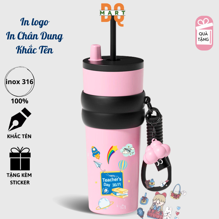 Ly giữ nhiệt cao cấp Cherry 316 cốc  giữ nhiệt thể thao DQMart bình có ống hút vỏ chống xước có quai