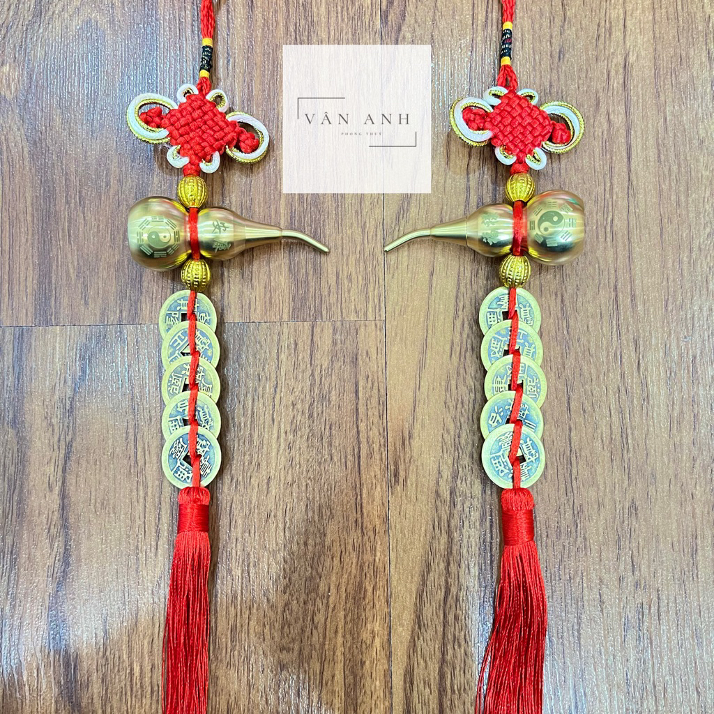 Dây xu ngũ đế kèm hồ lô bát quái size Vip 7cm, treo cửa đối cửa, gia đạo bình an, tăng vượng khí