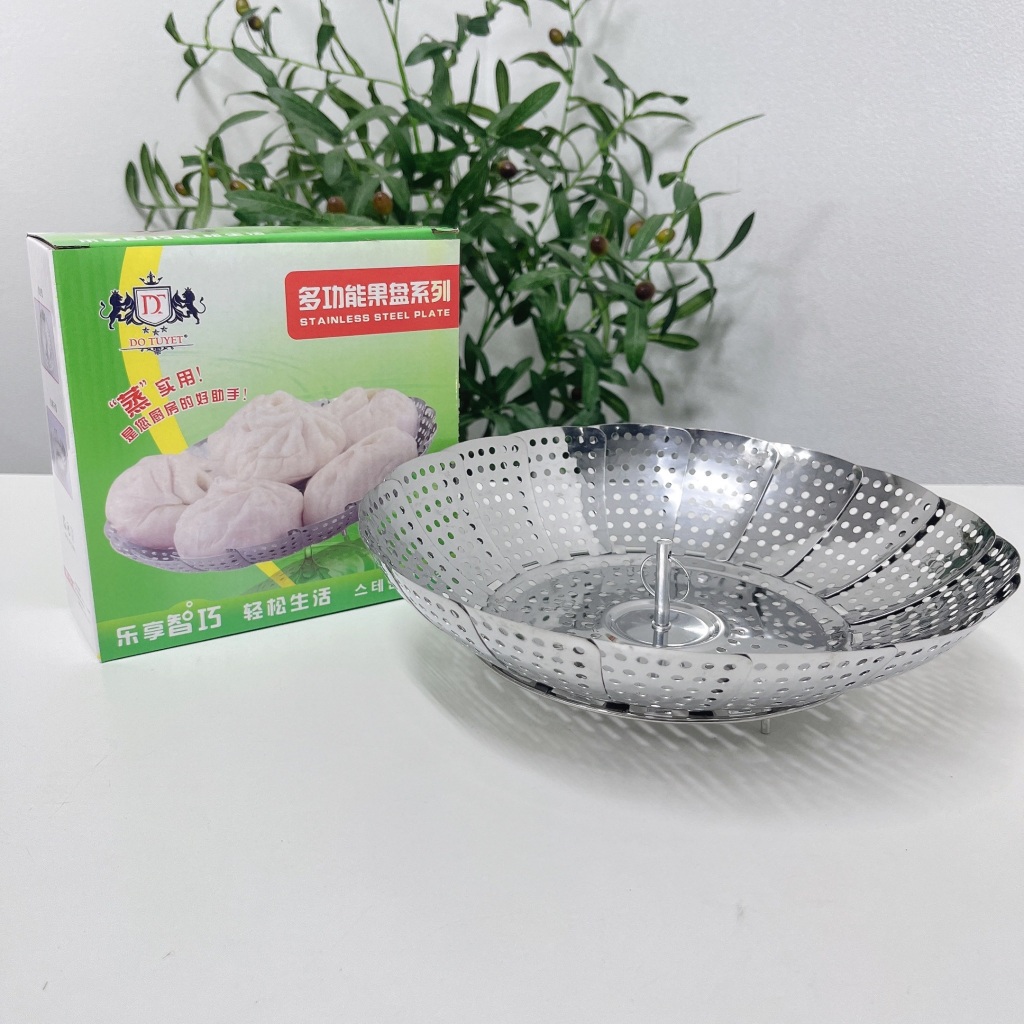 ( VỈ HẤP INOX XỊN CÓ HỘP ) vỉ hấp inox xếp gọn thông minh, Vỉ Rổ Hấp Tròn Inox Xếp Gọn Tiện Lợi Loại