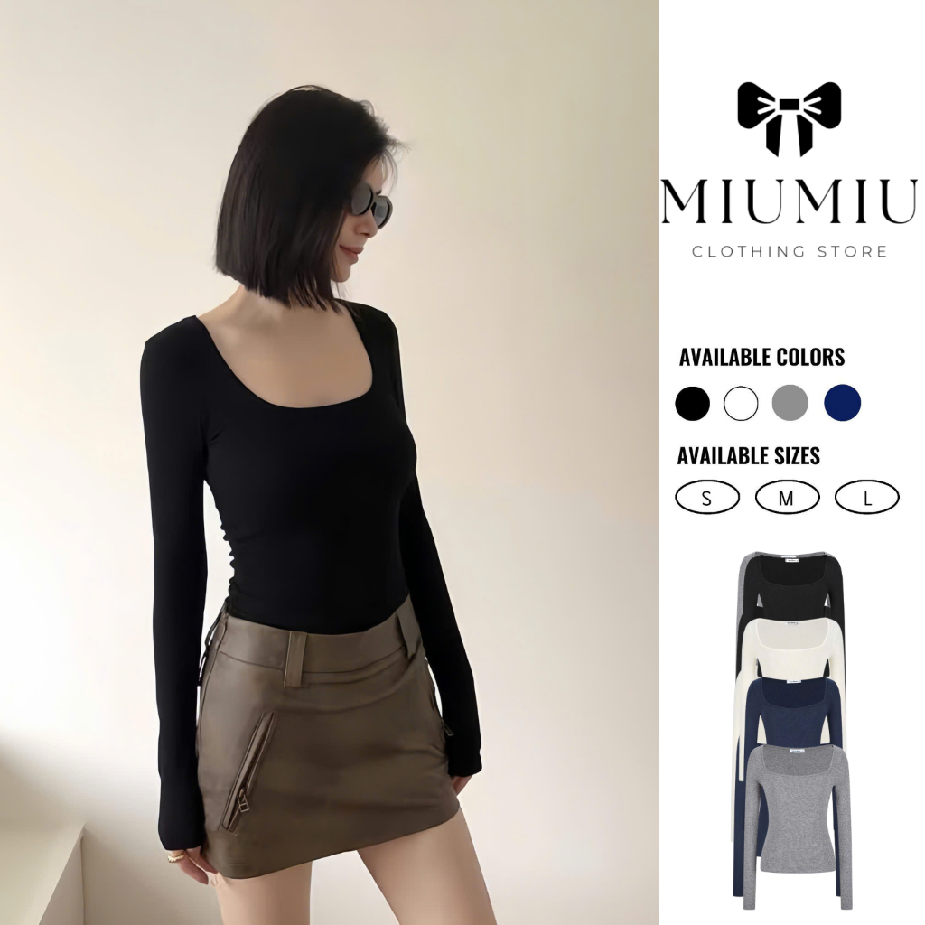 Áo Thun Cổ Vuông Dài Tay Miumiu Clothing Store Chất Cotton Mịn Dày Dặn, Co Giãn Tôn Dáng nữ tính – h