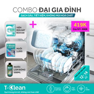  T-Clean combo quốc dân cho máy rửa bát 12-14 bộ 100 Viên rửa + Bóng 500ml+ Muối 1,2kg 
