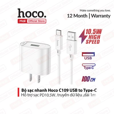 Bộ sạc nhanh PD10.5W USB to Type-C Hoco C109 / C109A  dùng cho Android/15/16/17,dài 100cm