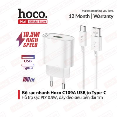 Bộ sạc nhanh USB to Type-C Hoco C109 / C109A PD10.5W dùng cho Android/15/16/17 ,dài 100cm