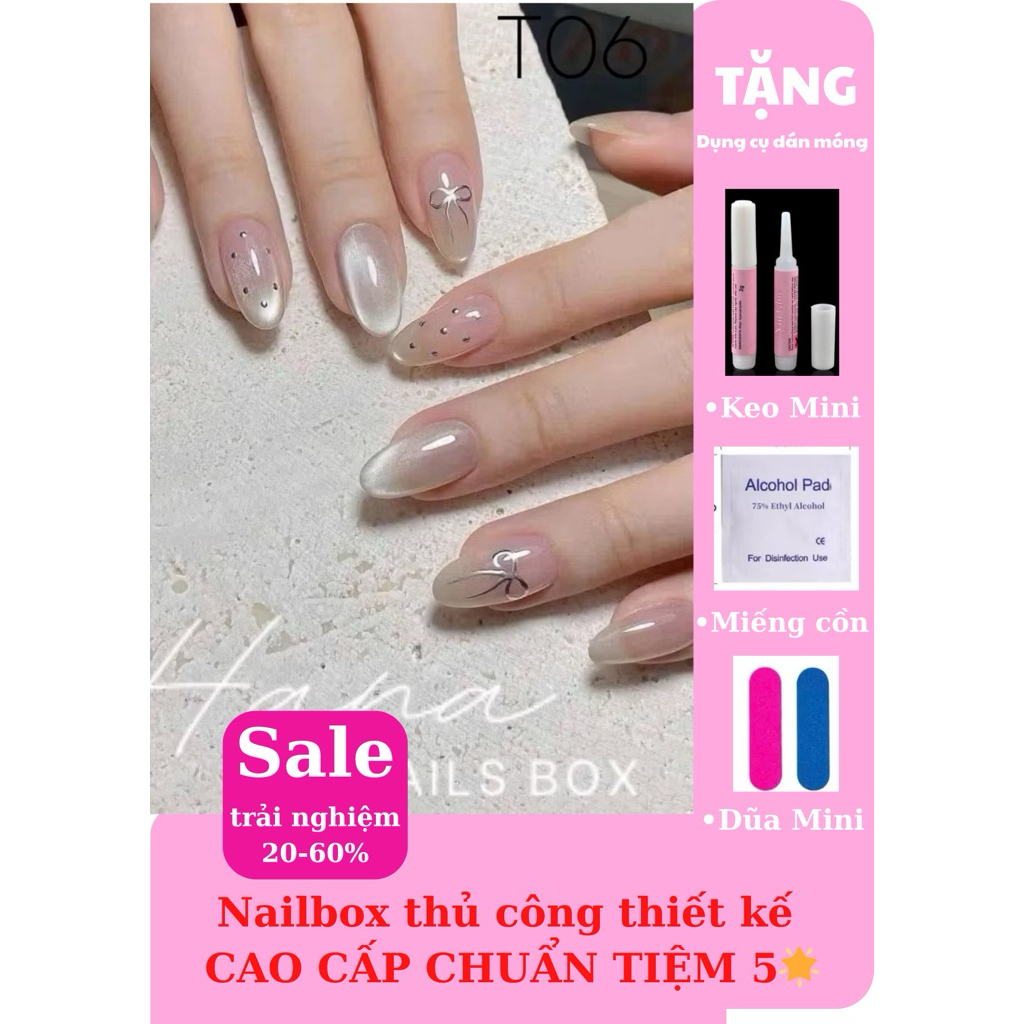   Hoả tốc  Móng úp tay Nail box thiết kế móng tay giả THẠCH HỒNG T06 mắt mèo vẽ nơ Hana Nailbox 