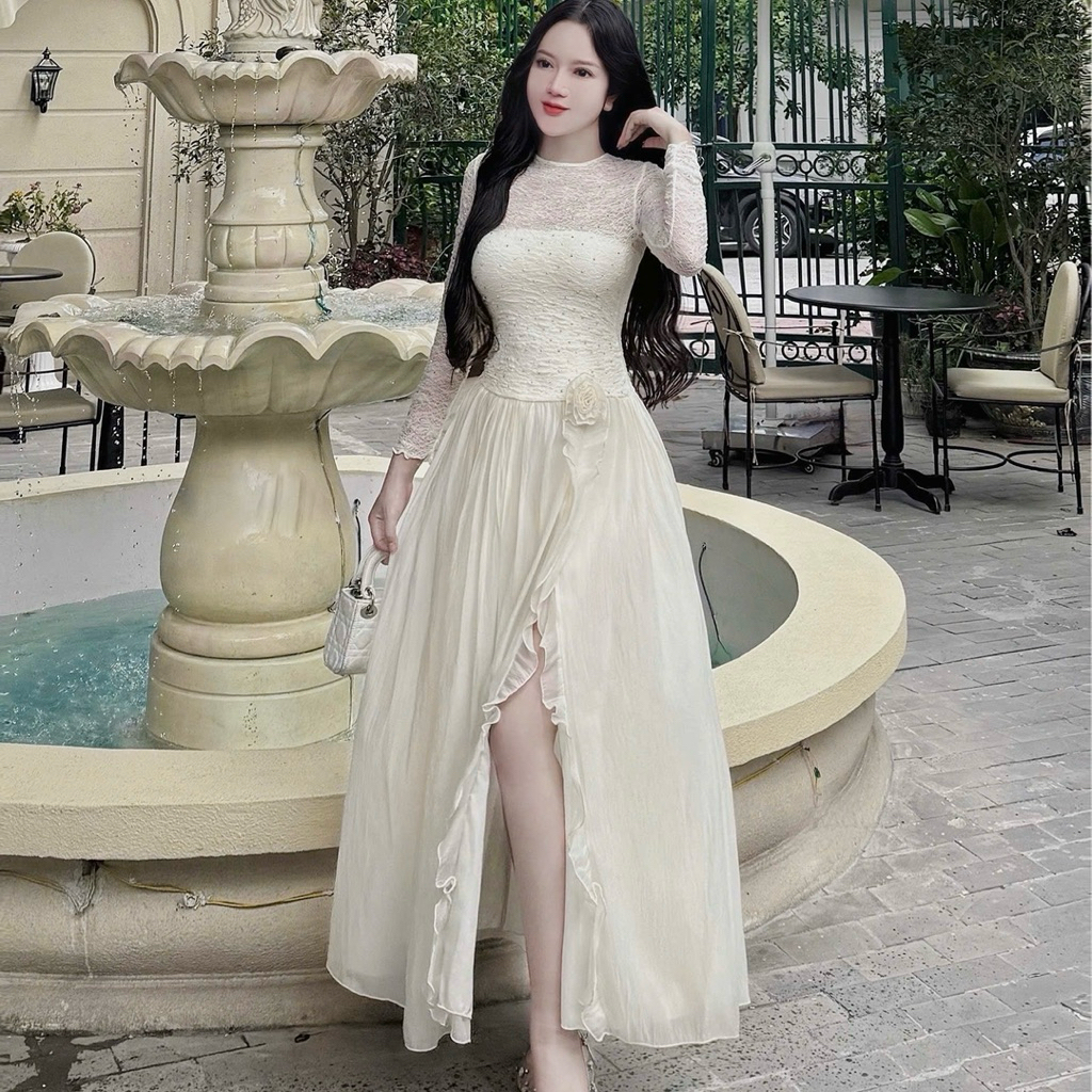 Váy ren tiểu thư cổ tròn 2 lớp