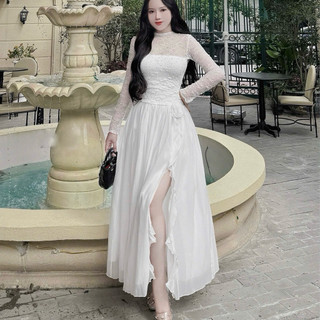 Váy ren tiểu thư cổ tròn 2 lớp