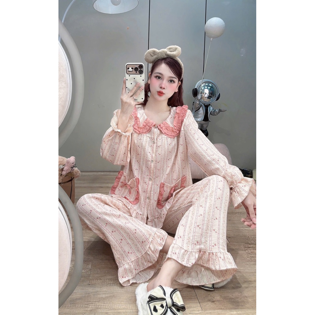 Bộ Mặc Nhà Cổ sen viền Bèo túi Nơ chất đũi Vân mây mềm đẹp dễ thương cho Nữ DD019 Sammy - Top | BigBuy360 - bigbuy360.vn