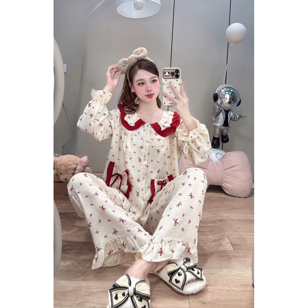 Bộ Mặc Nhà Cổ sen viền Bèo túi Nơ chất đũi Vân mây mềm đẹp dễ thương cho Nữ DD019 Sammy - Top | BigBuy360 - bigbuy360.vn