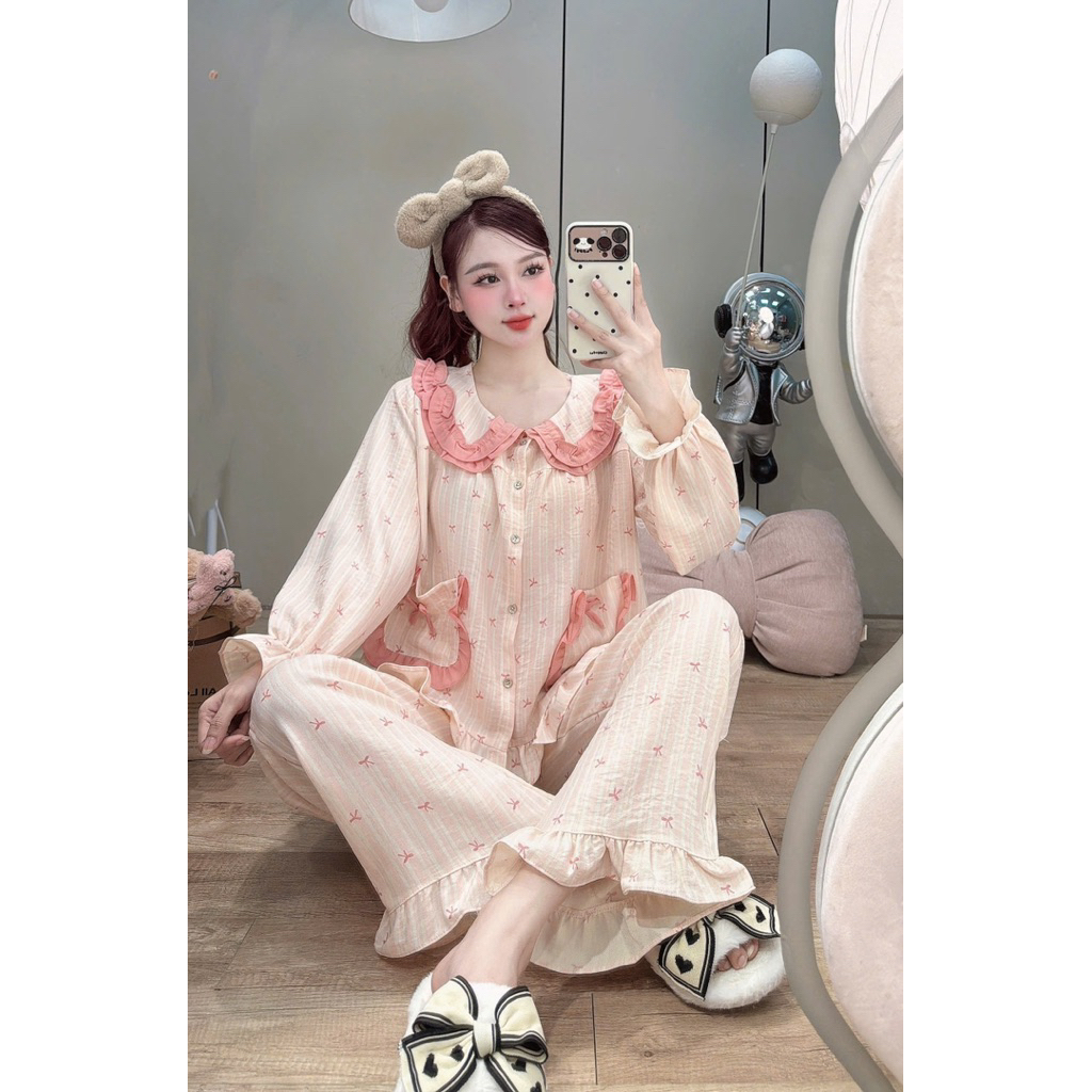 Bộ Mặc Nhà Cổ sen viền Bèo túi Nơ chất đũi Vân mây mềm đẹp dễ thương cho Nữ DD019 Sammy - Top | BigBuy360 - bigbuy360.vn