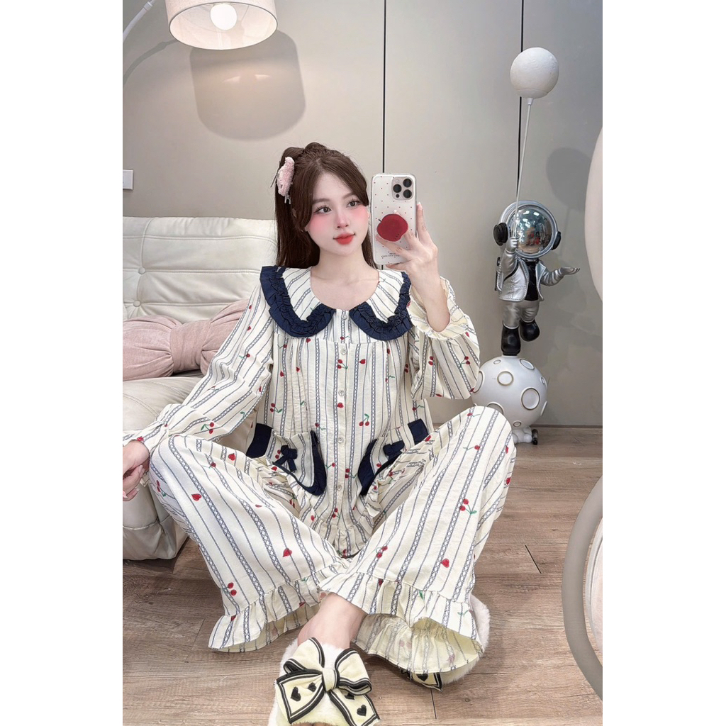 Bộ Mặc Nhà Cổ sen viền Bèo túi Nơ chất đũi Vân mây mềm đẹp dễ thương cho Nữ DD019 Sammy - Top | BigBuy360 - bigbuy360.vn