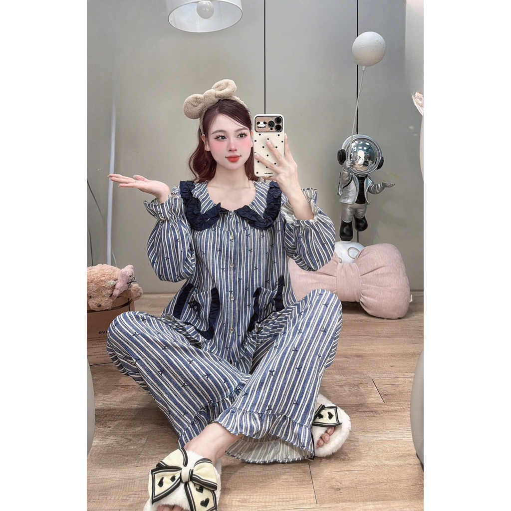 Bộ Mặc Nhà Cổ sen viền Bèo túi Nơ chất đũi Vân mây mềm đẹp dễ thương cho Nữ DD019 Sammy - Top | BigBuy360 - bigbuy360.vn