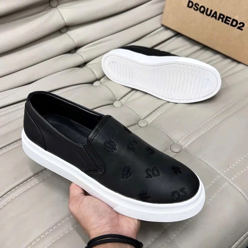Giày slipon lười nam DSQ da Pu thêu logo chữ D2 lá phong monogram đế cao su thiên nhiên non basic boy phố