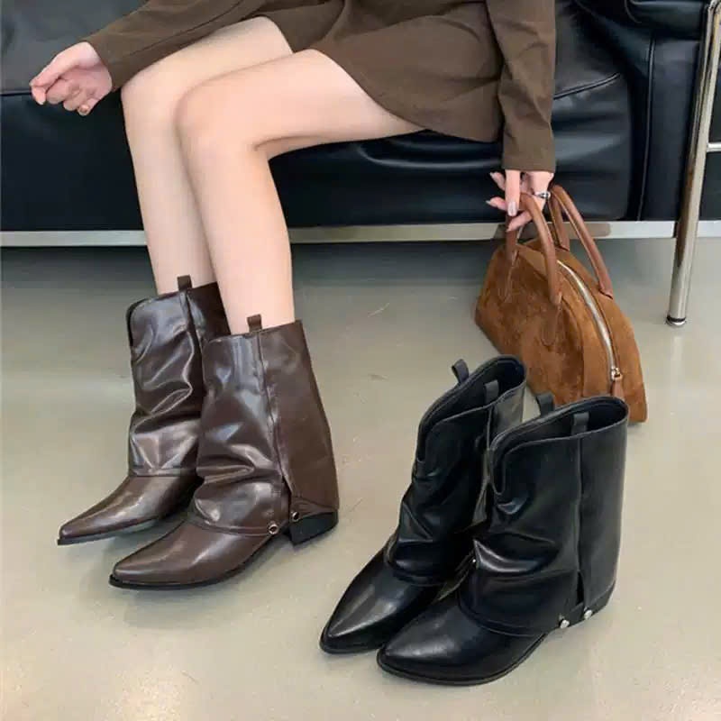 Giày Bốt Nữ Da Mềm Mũi Nhọn Cổ Nhún Gót Thấp Đế Vuông Phong Cách Tây GB020