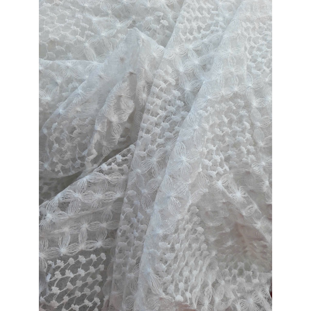 Vải ren công chúa, vải ren hoa 3D nổi màu trắng