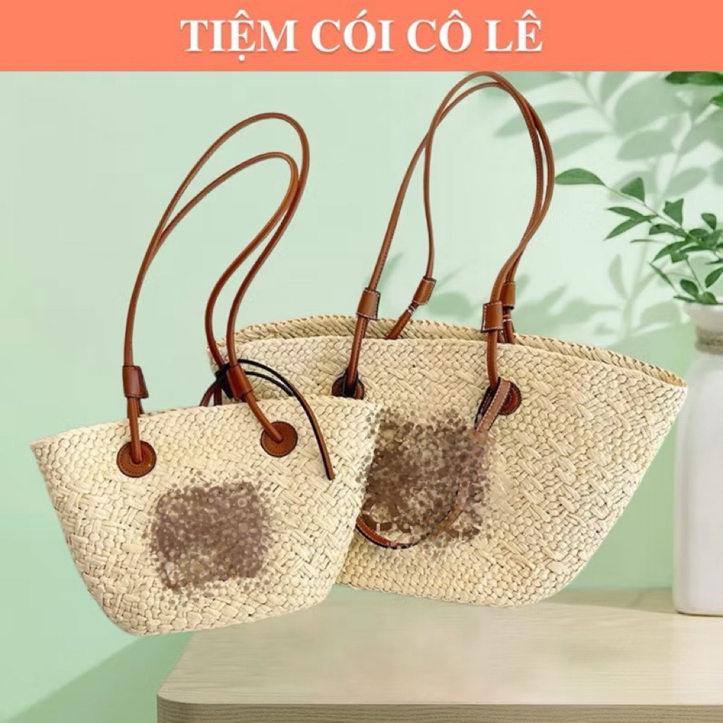 (Loại 1)Túi cói tag gỗ quai da đi biển phối hoạ tiết hàng Quảng Châu cực đẹp- Tiệm Cói Cô Lê