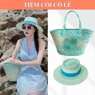   Túi sẵn 2size  Combo nón panama túi tag gỗ màu xanh đi biển sang chảnh-Tiệm Cói Cô Lê 