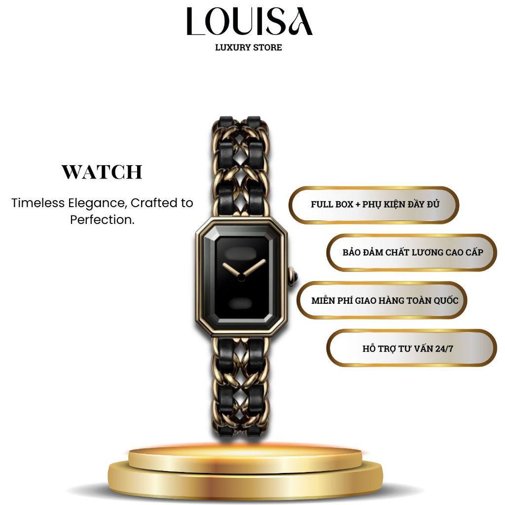 Đồng hồ dành cho nữ c.h.a.n.e.l mặt vuông cổ điển Louisa Store, dây đan da mạ vàng cao cấp