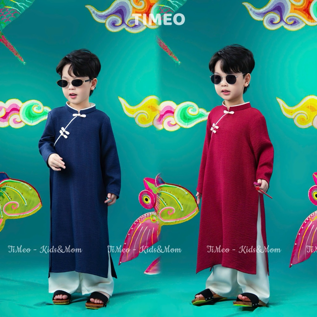 TiMeo - Áo dài bé trai "CHẠM MÂY" -  vải đũi vân mây đính cúc tàu 5 tông màu pastel cho bé 0-10 tuổi