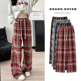  Quần dạ kẻ caro dáng suông rộng unisex quần ống rộng chất dạ mềm form Hàn Quốc KH.STORE 55 