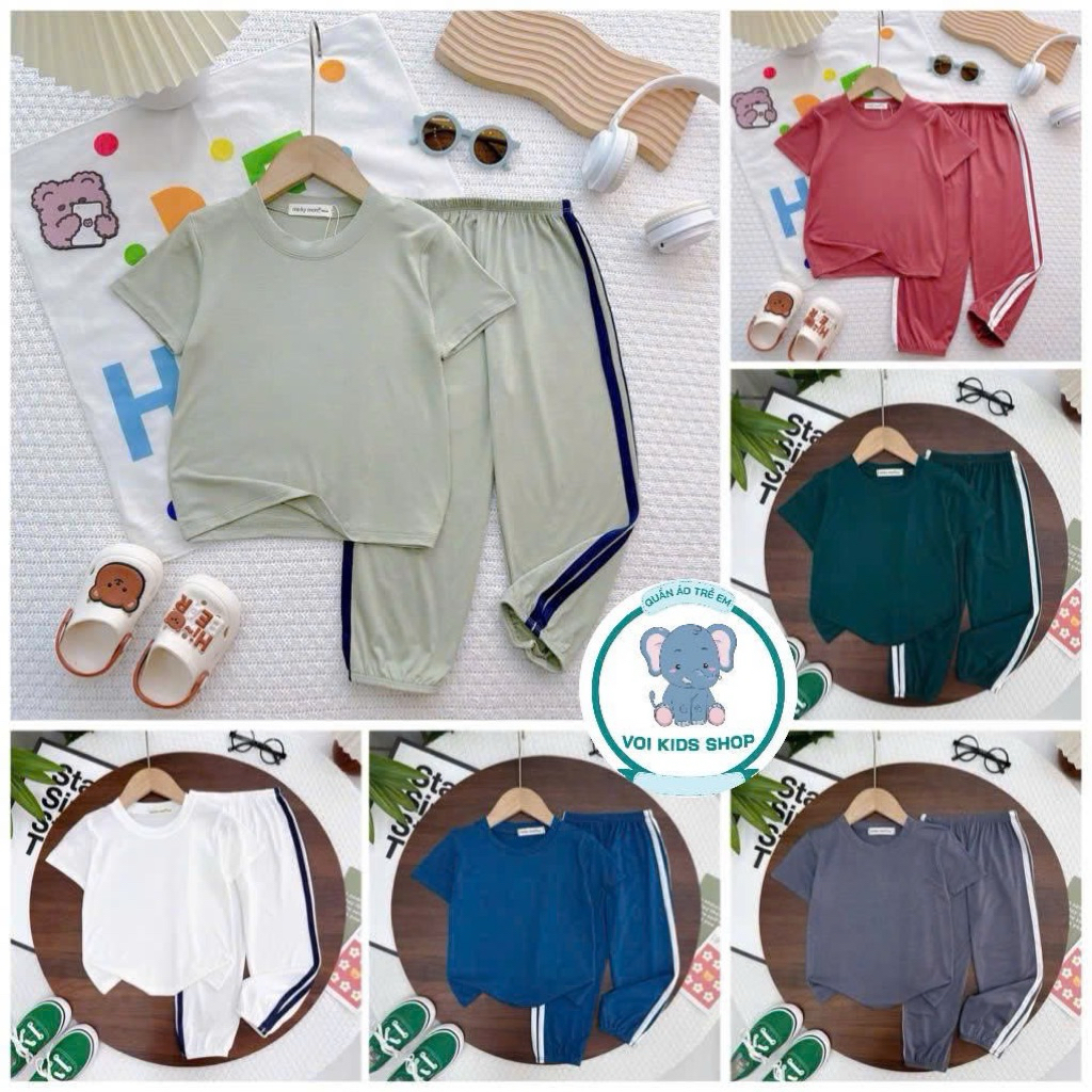 [9-30kg] Bộ tay ngắn quần dài jogger vải thun lạnh (0-7 tuổi) kiểu trơn basic quần chạy sọc thể thao năng động cho bé