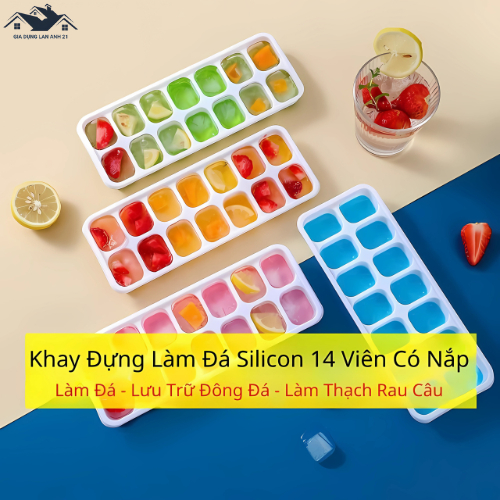 LA53-COMBO 5 Khay làm đá silicon 14 viên làm đá viên và thạch hoa quả có nắp đậy bảo quản tốt
