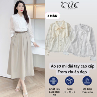  Áo sơ mi Cúc fashion somi ngắn cao cấp vải lụa đẹp thời trang nữ công sở dài tay ren nơ A401 
