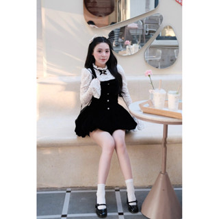   SẴN SHIP Sét váy 2 dây nhung dáng bí mix áo ren tay dài đính nơ cổ sét tiểu thư bánh bèo đi chơi đi du lịch S58 