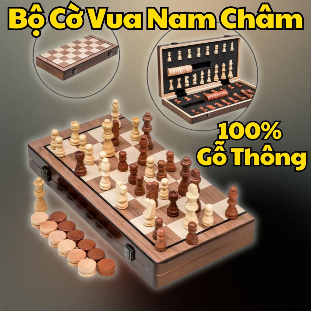 Bộ cờ vua gỗ thông nam châm cao cấp VIP chọn size 29x29cm - 39x39cm - Gỗ thông tự nhiên tinh xảo an 