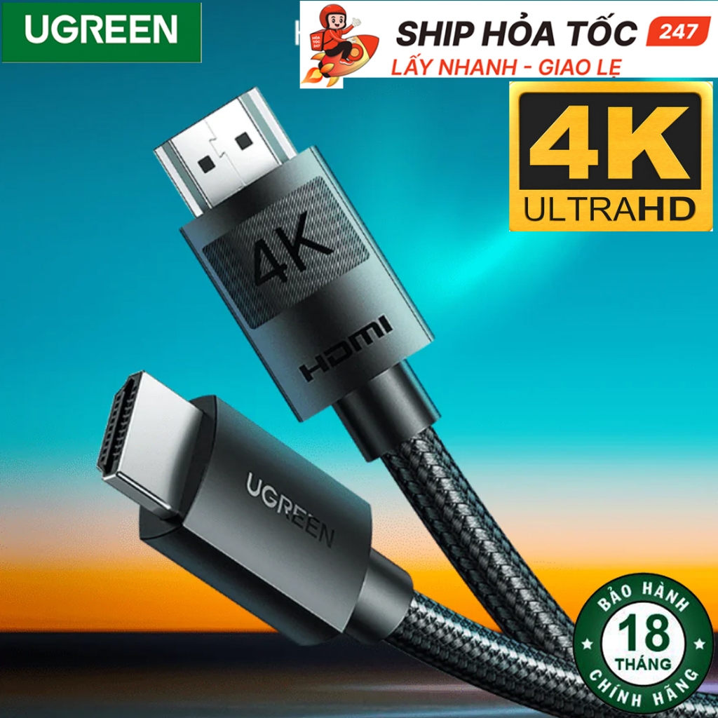 Cáp HDMI 2.0 UGREEN HD119 phẩn giải 4K cho màn hình, Dây HDMI Vỏ Bện Nylon Chắc Chắn
