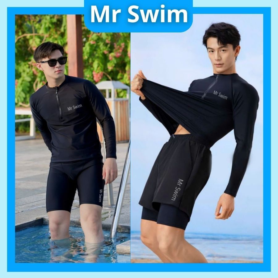 Bộ đồ bơi nam Mr Swim giữ nhiệt đi biển quần 2 lớp áo Khóa kéo tay dài và tay ngắn màu đen phong cách thể thao 002