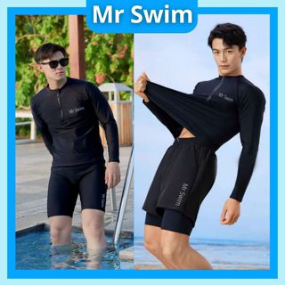 Bộ đồ bơi nam Mr Swim giữ nhiệt đi biển quần 2 lớp áo Khóa kéo tay dài và tay ngắn màu đen phong cách thể thao 002