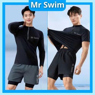  Bộ Mr Swim đồ bơi nam đi biển có khóa kéo kín đáo quần 2 lớp áo tay dài và ngắn có khóa kéo màu đen 001 