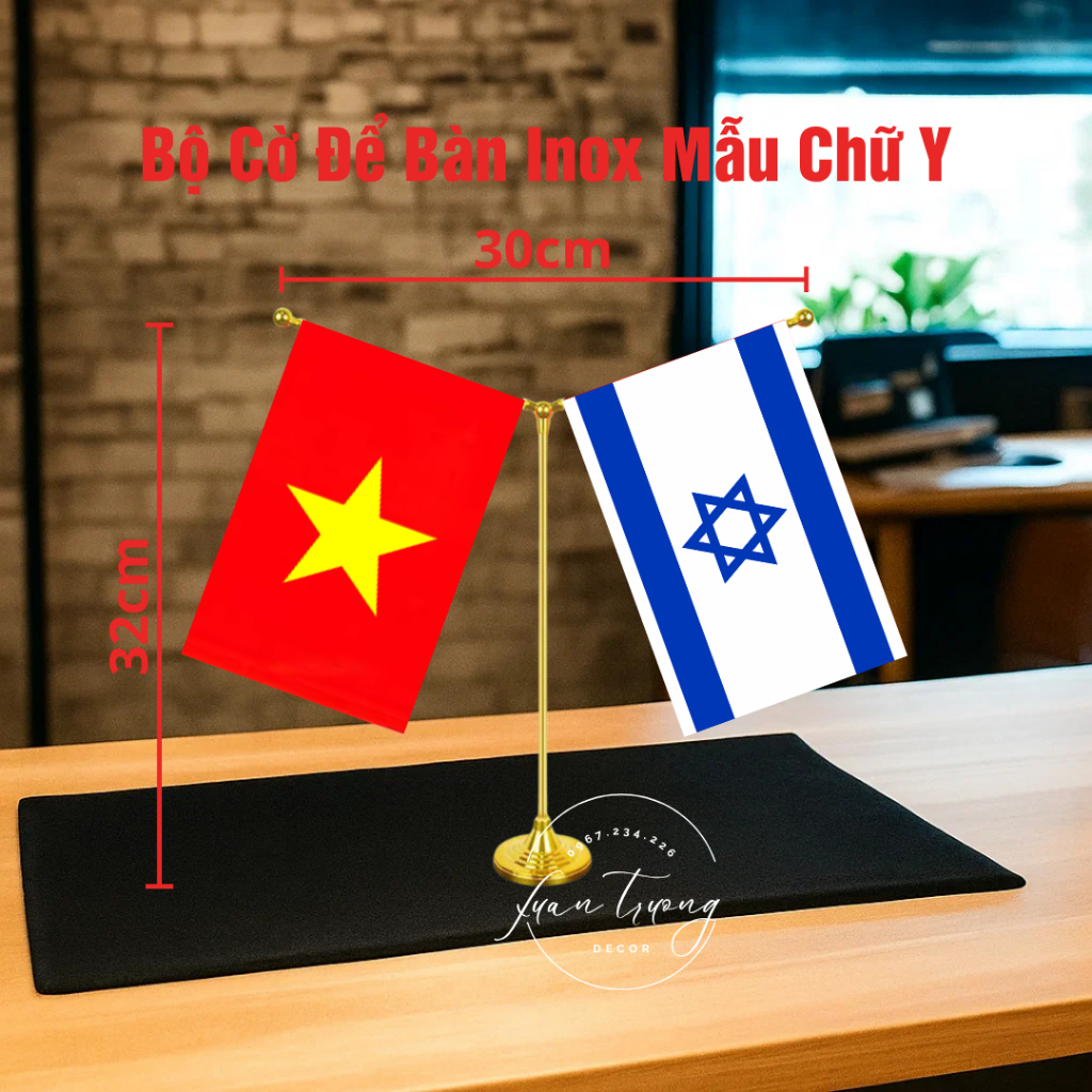 Bộ cờ để bàn làm việc inox , bộ cờ để taplo ô tô inox Việt Nam - Israel