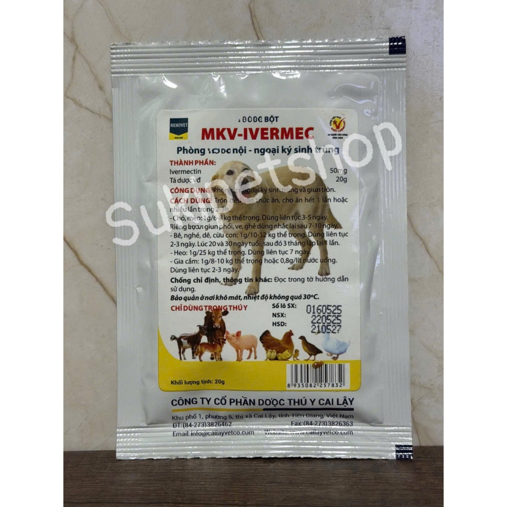 MKV-IVERMEC - BỘT TRỘN THỨC ĂN HỖ TRỢ SẠCH VE, GHẺ, GIUN TRÒN CHO CHÓ MÈO, GIA SÚC, GIA CẦM