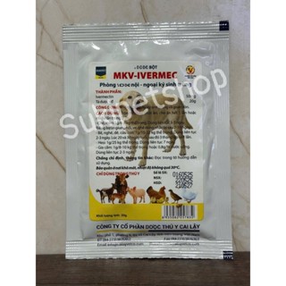 MKV-IVERMEC - BỘT TRỘN THỨC ĂN HỖ TRỢ SẠCH VE, GHẺ, GIUN TRÒN CHO CHÓ MÈO, GIA SÚC, GIA CẦM